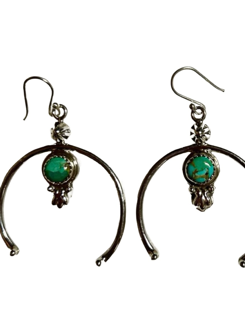 .925 Sterling Silver W/ Stamp ~ Turquoise Stones ~ Navajo ~ Naja Shape Earrings